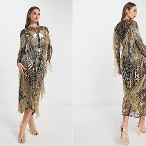 EDITION Long Sleeve Metallic Fringe Midi Dress